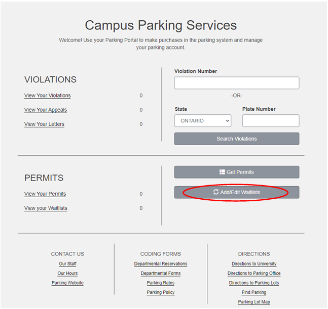 Image of Parking Portal website with "add to waitlist" button circled