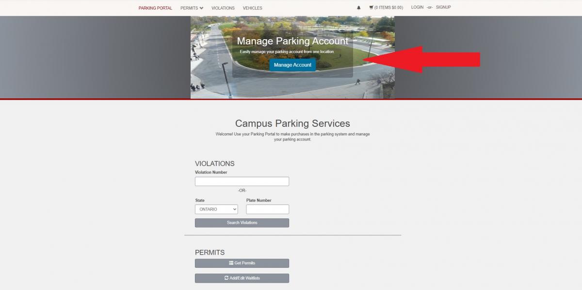 Print Screen of Main Parking Portal Page